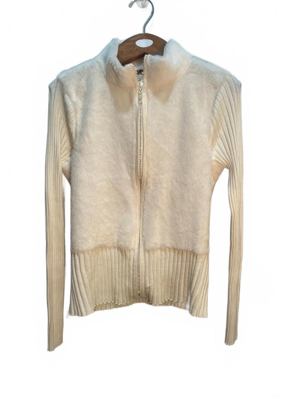 Belldini Women's Cream Full Zip Sweater with Faux Fur Detail Size L